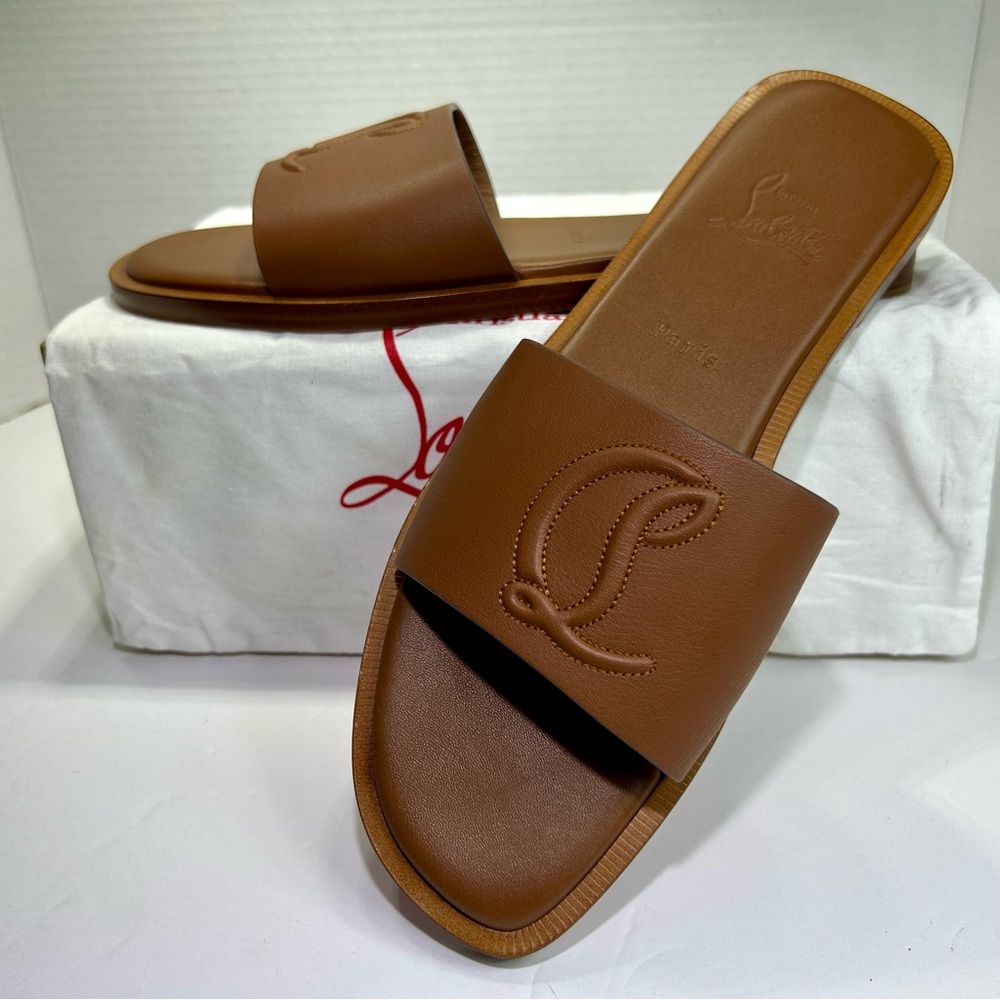CHRISTIAN LOUBOUTIN CL MULE FLAT SANDAL EMBROIDERED LOGO BROWN LEATHER SZ 39 NEW - Picture 5 of 15
